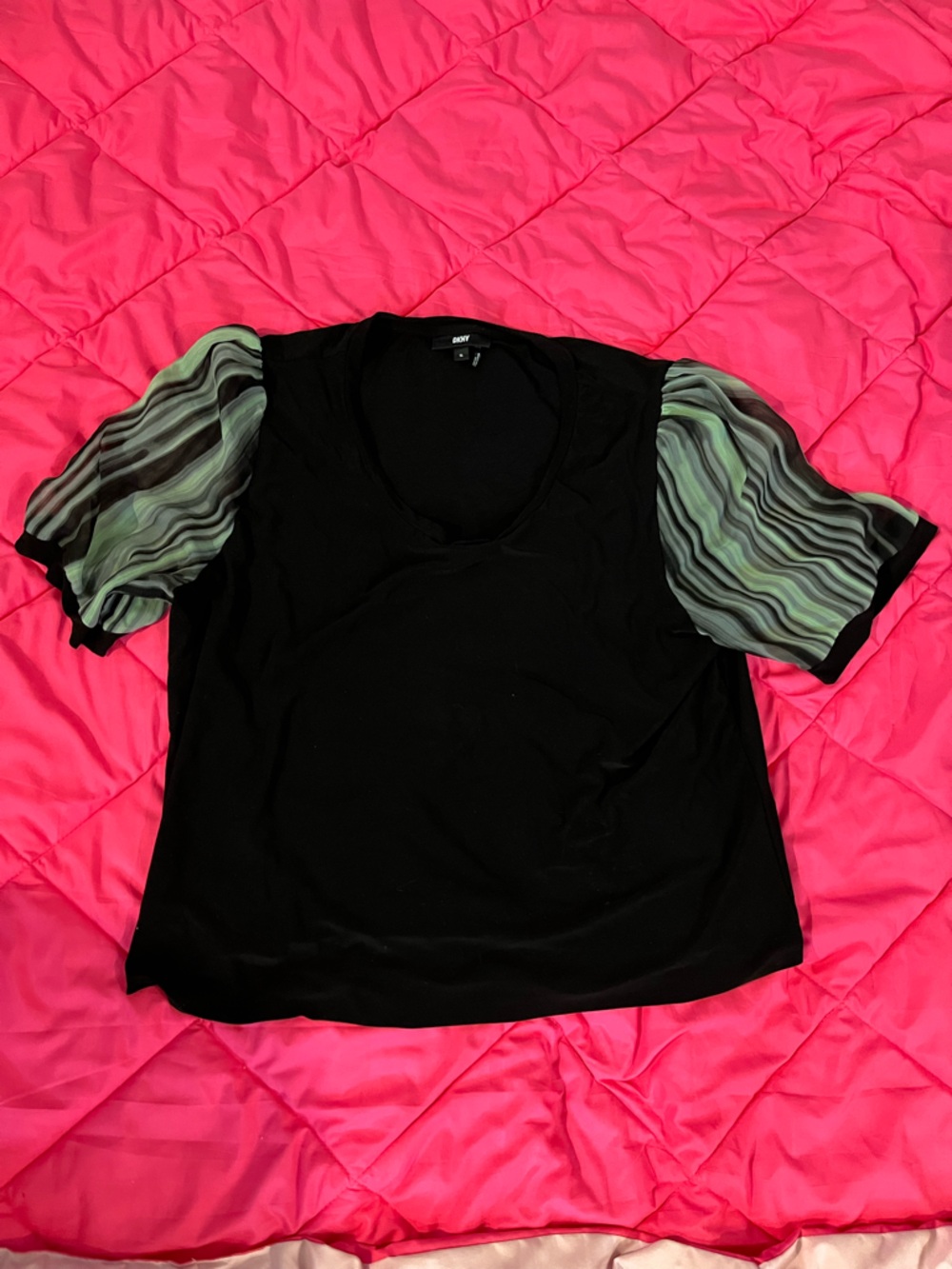 DKNY Black Top with Striped Green Puff Sleeves